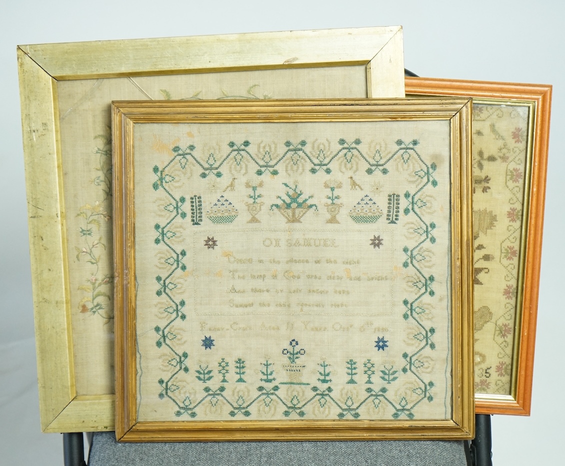 An 18th century sampler dated 1797 by Ann Howse, worked with fine floral garland and a large embroidered flower and verse within, together with two 19th century samplers, one by Anna Kemp age 8 years dated 1835, the othe